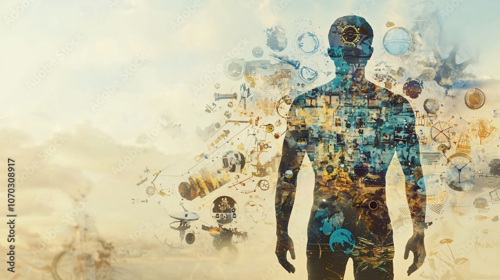 Aufkleber explore the surreal transformation of human figures into abstract concepts and innovative designs