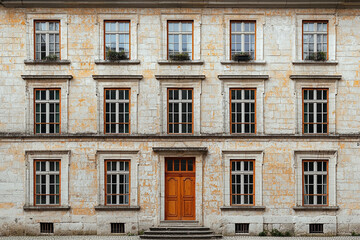 Fototapeta premium Historic building facade with red door and ornate windows at dusk