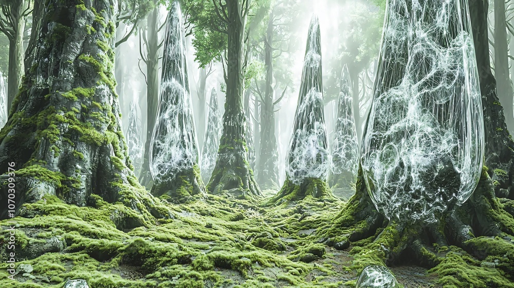 Aufkleber explore a surreal futuristic forest with towering trees and ethereal elements for an enchanting expe