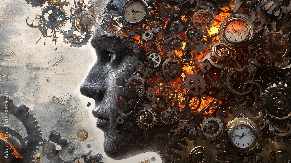 Poster explore the transformation of humanity a journey into the mechanical mind of a human gradually mergi