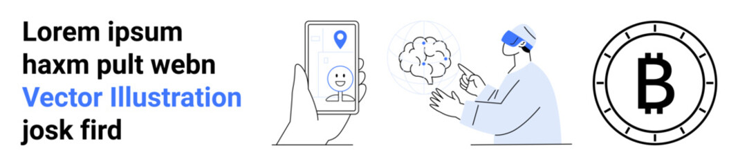 Text placeholder, hand holding phone with GPS icon, AI brain concept, person with VR headset, Bitcoin symbol. Ideal for AI, virtual reality, digital identity, GPS tracking, cryptocurrency, fintech