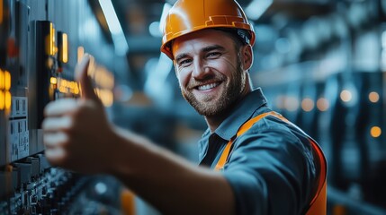 Smiling technician giving a thumbs up while working in an industrial facility during the day