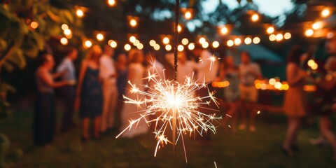 Celebration featuring sparklers and soft lights in an outdoor gathering during the summer evening with friends enjoying together