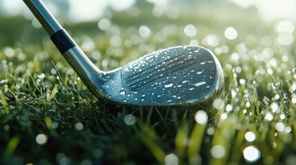 A golf club is positioned on wet grass, glistening with dew in the soft light of dawn. The atmosphere suggests a peaceful morning on the golf course, inviting players to start their game.