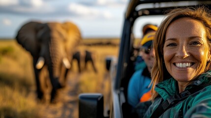 Tourists enjoy an exhilarating safari ride, capturing a close-up encounter with majestic elephants, blending thrill and awe amidst the African wilderness backdrop.
