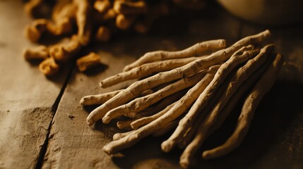 Dried ashwagandha roots on a wooden surface with other herbal ingredients in a rustic kitchen setting during daylight