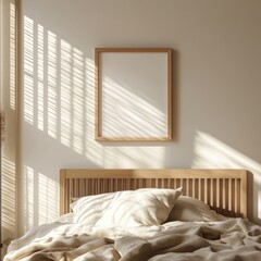 A bed with a white pillow and a wooden headboard