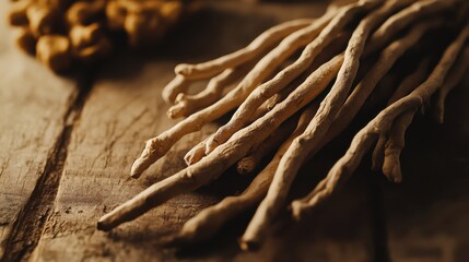 Ashwagandha roots arranged on a wooden surface with dried herbs in a rustic setting highlighting herbal wellness practices