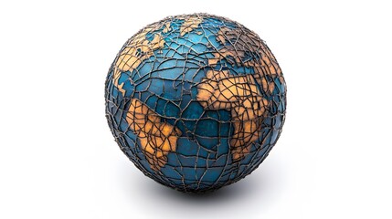 Obraz premium A world globe, with broken communication lines symbolizing global disruption, is presented on a clean white background, illustrating the concept of connectivity issues. 