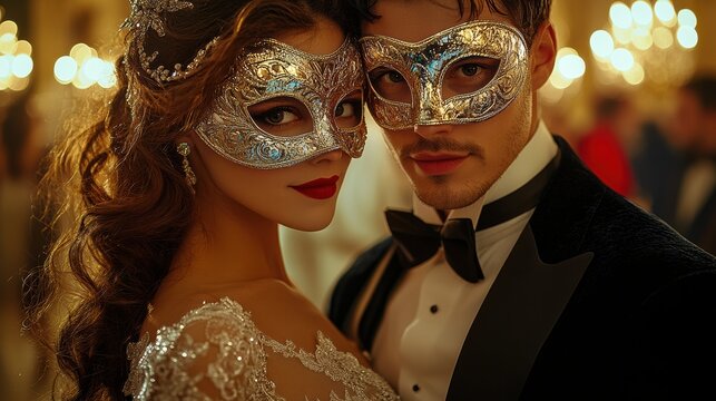 Elegant masquerade couple in ornate masks at a lavish ballroom during a glamorous evening celebration