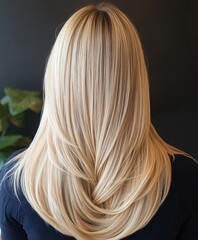 Naklejka premium Elegant long blonde hair styled smoothly with a beautiful shine in an indoor setting with green plants and a dark background