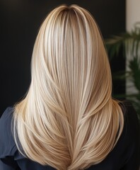 Naklejka premium Long, sleek hair showcasing a flawless blonde balayage hairstyle in a modern salon setting with ample lighting