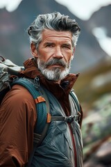 Fototapeta premium Hiker stands confidently on mountain trail with backpack at dusk amidst stunning peaks and vibrant landscape in the background