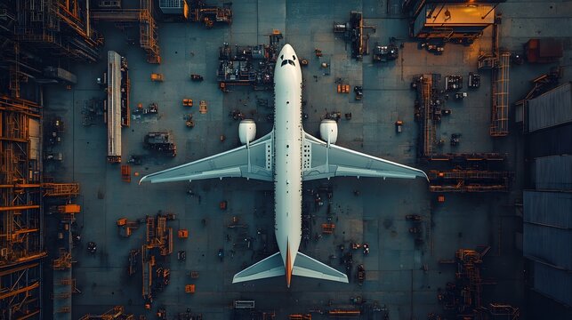 An overhead view captures the vastness of an aircraft manufacturing facility, with large hangars and assembly lines showcasing the intricacies of industrial production. 