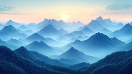 Obraz premium Majestic mountain range under sunrise showcasing layered peaks and misty valleys in a tranquil landscape