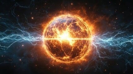 Abstract Digital Art of Glowing Energy Sphere with Contrasting Blue and Orange Lights and Radiating Electric Pulses