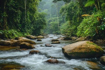 Obraz premium A river flows through a lush green forest, surrounded by rocks