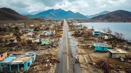 Aerial view of a coastal town after a hurricane with destroyed buildings and scattered debris, capturing the storm’s aftermath.