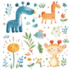 Naklejka premium Whimsical Cartoon Characters and Nature Elements