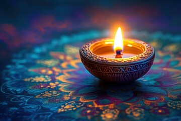 Illuminating clay diya on colorful mandala pattern representing festive celebration and cultural heritage during evening rituals