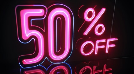 Bright neon sign displaying 50 percent off promotion in a retail store during evening hours, attracting customers with its vibrant colors and eye-catching design