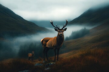 Naklejka premium Majestic deer stands in misty valley with another deer in the background during early morning light in serene mountainous landscape