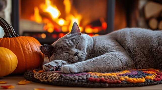 Cozy gray cat resting peacefully by a warm fireplace surrounded by pumpkins during autumn season