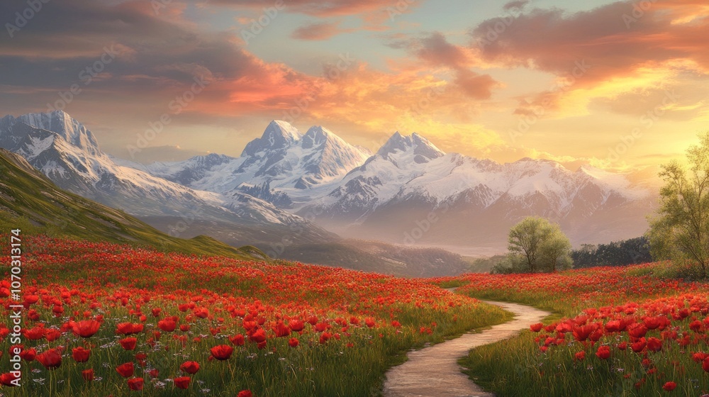 Poster A beautiful mountain landscape with a red field and a path