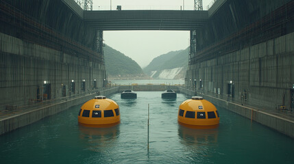 Innovative Construction Site With Floating Structures in a Reservoir Near a Dam During Daytime