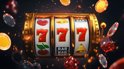 Exciting display of a classic slot machine spinning along with vibrant casino chips and dice