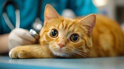 A tranquil cat rests on a veterinary examination table while a veterinarian gently inspects its ears using a stethoscope, bathed in soft lighting for a comforting atmosphere. 