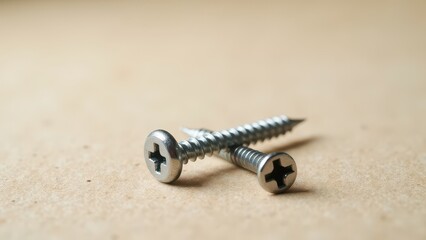 Screws and bolts for furniture repair. Two metal screws lie on a light surface, showcasing their shiny appearance. Both screws have pointed tips and smooth threads.