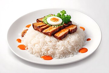 Illustration of delicious rice plate on white background. rice with meat, front view, nasi lemak on white background.