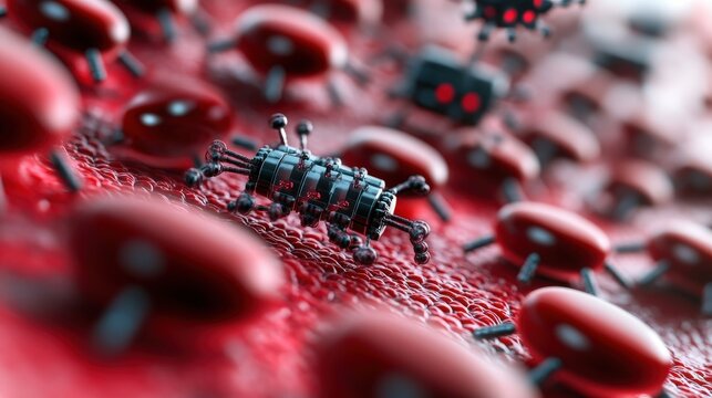 A swarm of futuristic nanobots navigating through a landscape of red blood cells, showcasing the intersection of technology and biology in a digital art style.