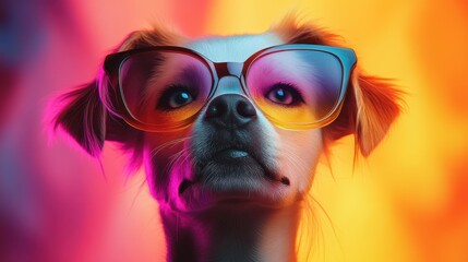 Dog wearing colorful oversized glasses with a vivid background illuminated by bright colors in a playful and whimsical atmosphere