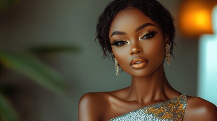 Elegant woman in shimmering attire poses gracefully with a soft smile in a well-lit indoor setting during the evening