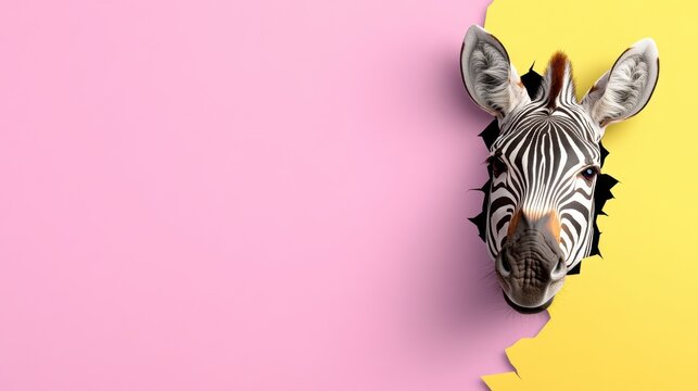 Unique zebra head emerging from torn paper in creative backdrop of pastel pink and yellow colors within a playful art design setting
