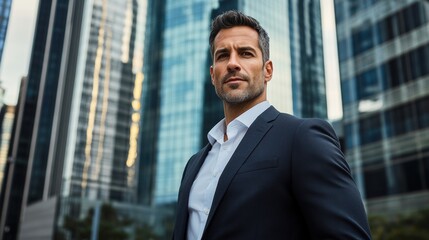 Fototapeta premium Confident businessman standing tall in urban environment during midday, surrounded by modern skyscrapers and vibrant city life while dressed in formal attire