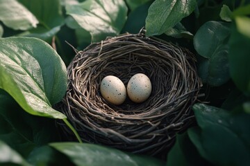 Fototapeta premium Two speckled eggs resting in a small nest amidst lush green foliage during daylight hours