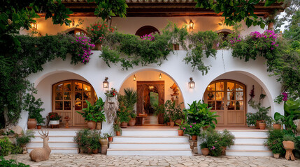 Naklejka premium Mediterranean Villa Entrance: A charming Mediterranean villa with a beautiful entrance, adorned with lush greenery and terracotta pots.