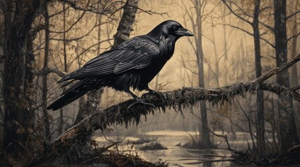 Fototapeta premium A black crow is perched on a tree branch in a forest