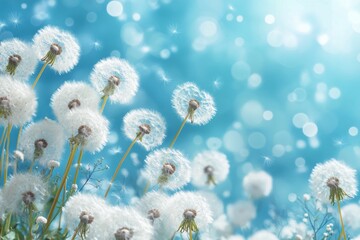 Obraz premium Wispy dandelion seeds drifting across a clear blue sky on a sunny day