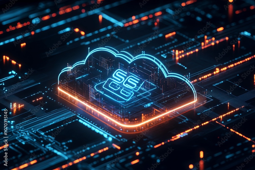 Poster abstract representation of cloud computing technology with glowing circuitry and digital visualizati