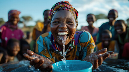 A spirited woman joyfully drinks fresh water, surrounded by a community, capturing a moment of pure refreshment and happiness under a bright blue sky.