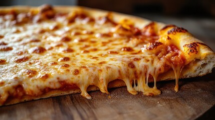 Delicious cheesy pizza slice with gooey mozzarella and crispy crust served on a rustic wooden surface in a cozy kitchen setting