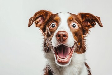 Happy dog showcases excitement and joy with wide open mouth and bright eyes against neutral background