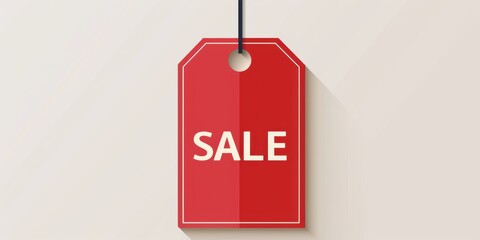 Bright red sale tag with bold white letters hanging against a light background indicating discounts for shoppers looking for good deals
