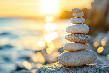 Stones standing on top of each other against the backdrop of a sunset on the seashore