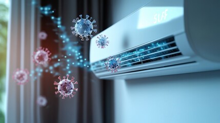 Air conditioner and coronavirus, concept of cleaning air 