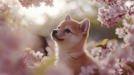 Puppy in Cherry Blossoms.